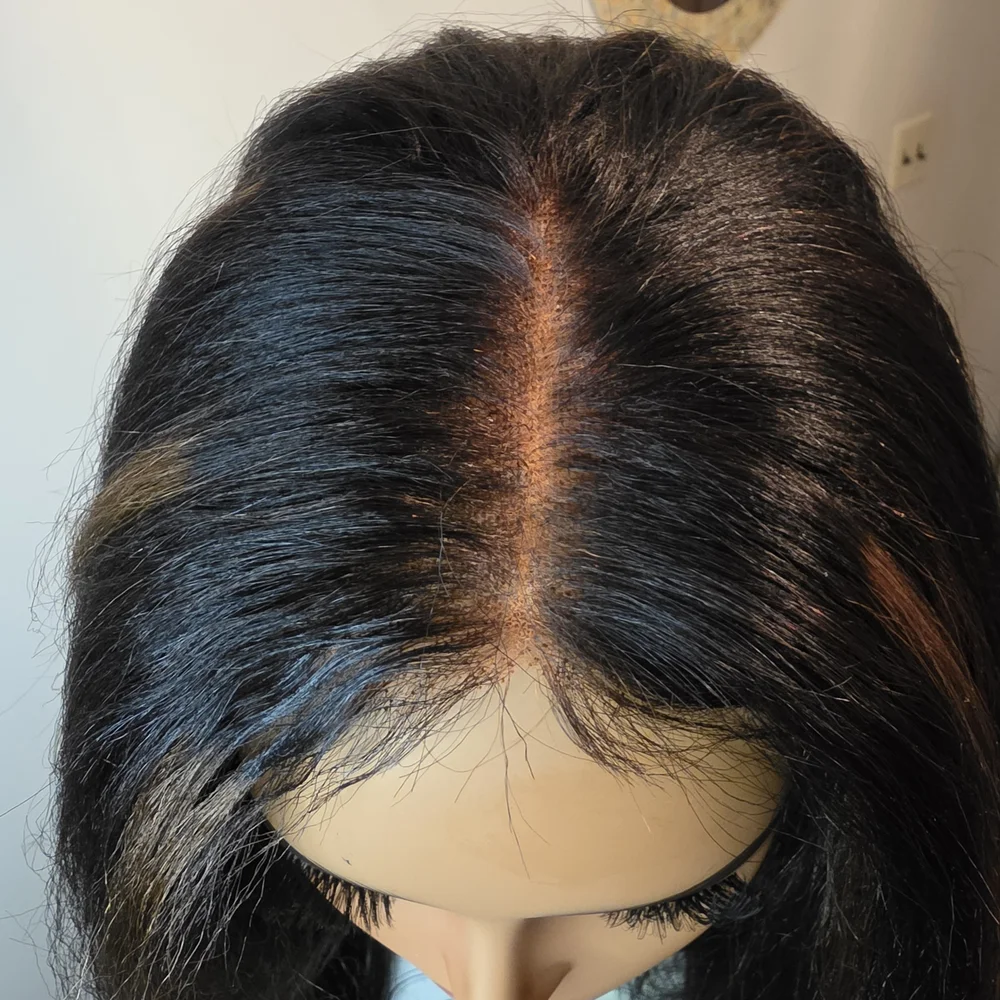 Natural Black Chestnut Highlight Yaki Straight Human Hair Wig - Picture 6 of 11